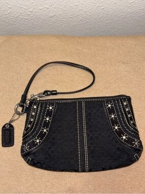 Coach Vintage Black Signature Canvas Wristlet with Studded Trim